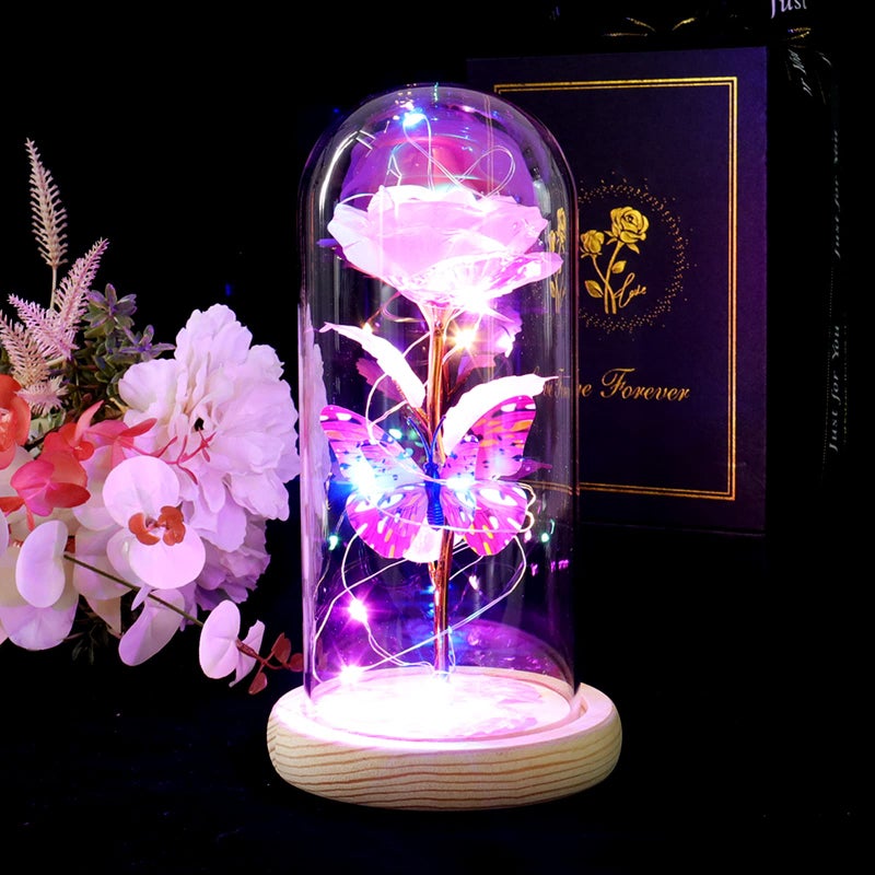 Beferr Beferr Rose Flowers Gifts for Women Birthday Gifts  Galaxy Rose Eternal Flower Gift Light Up Rose with Butterfly in Glass Dome Mothers Day Ideas Gifts for Mom Grandma Wife Sister Friends Pink - Image 3