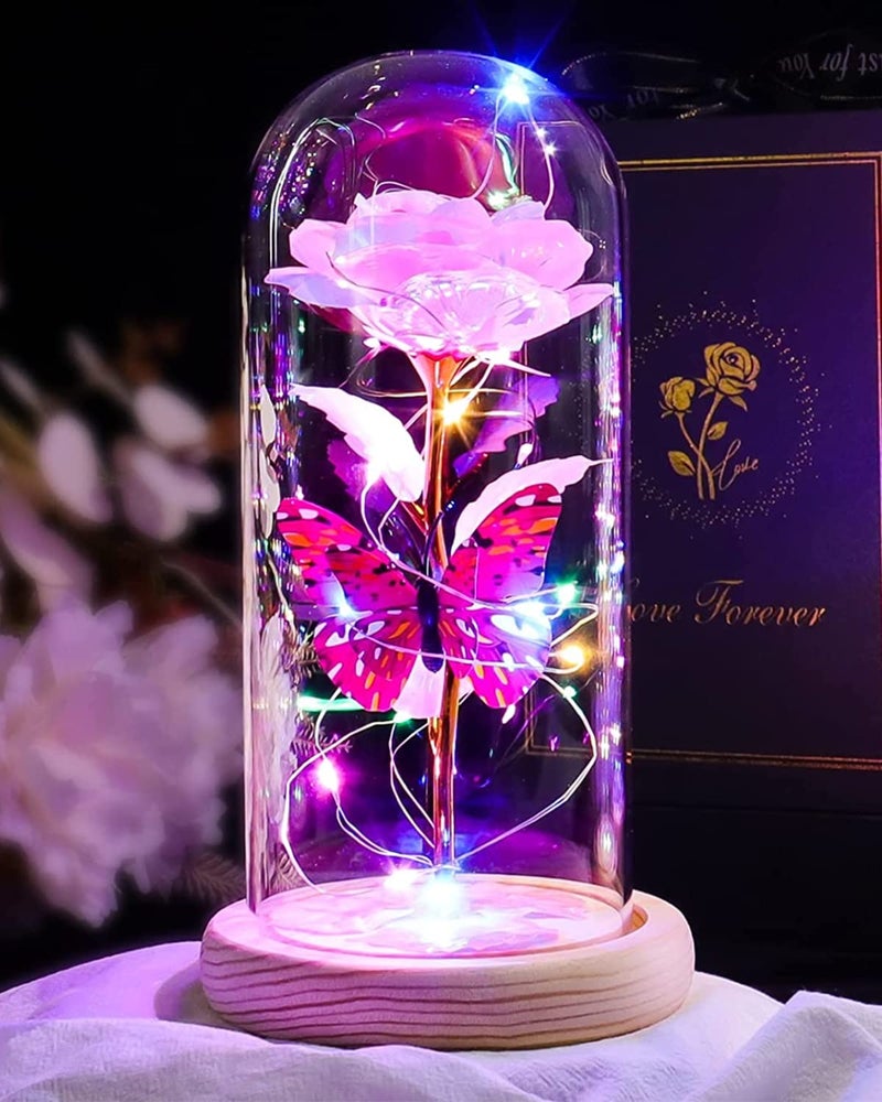 Beferr Beferr Rose Flowers Gifts for Women Birthday Gifts  Galaxy Rose Eternal Flower Gift Light Up Rose with Butterfly in Glass Dome Mothers Day Ideas Gifts for Mom Grandma Wife Sister Friends Pink - Image 1