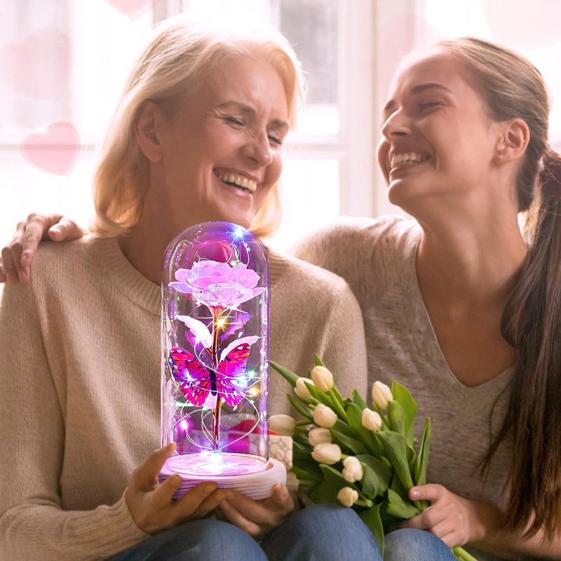 Beferr Beferr Rose Flowers Gifts for Women Birthday Gifts  Galaxy Rose Eternal Flower Gift Light Up Rose with Butterfly in Glass Dome Mothers Day Ideas Gifts for Mom Grandma Wife Sister Friends Pink - Image 4