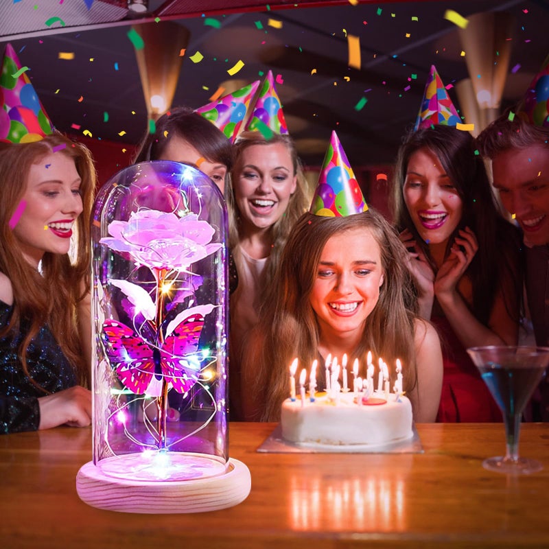 Beferr Beferr Rose Flowers Gifts for Women Birthday Gifts  Galaxy Rose Eternal Flower Gift Light Up Rose with Butterfly in Glass Dome Mothers Day Ideas Gifts for Mom Grandma Wife Sister Friends Pink - Image 5