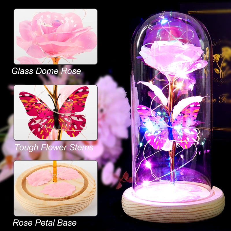 Beferr Beferr Rose Flowers Gifts for Women Birthday Gifts  Galaxy Rose Eternal Flower Gift Light Up Rose with Butterfly in Glass Dome Mothers Day Ideas Gifts for Mom Grandma Wife Sister Friends Pink - Image 2