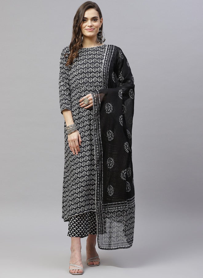 Indibelle Women Black Printed Pure Cotton Kurta with Trousers & Dupatta - Image 1