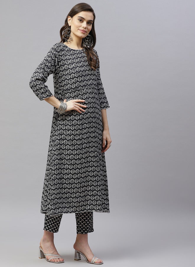 Indibelle Women Black Printed Pure Cotton Kurta with Trousers & Dupatta - Image 5