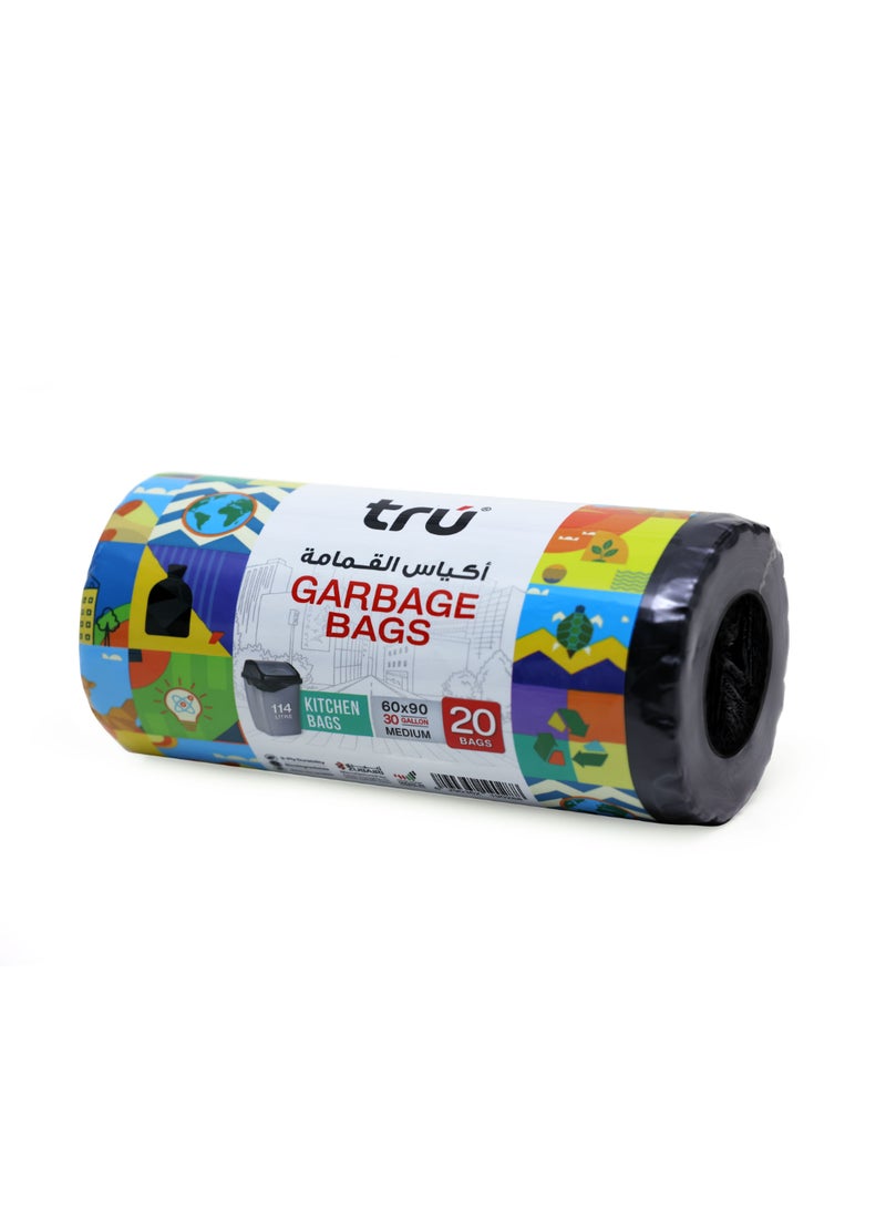 Tru Garbage Bags Roll Black  30 Gallon, Medium (Kitchen Bin), 60x90cm  - 20 Bags Black - Image 2