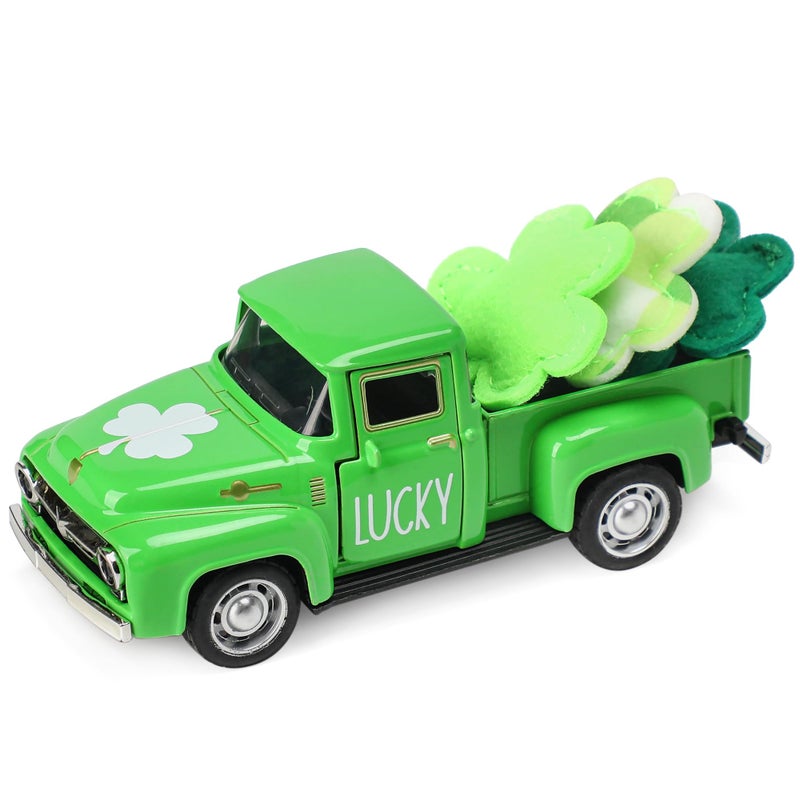 WODOHOLO St. Patrick's Day Decorations for Home - Decor for Tiered Tray Metal Farm Truck with 3 Shamrocks Saint Patricks Day Vintage Diecast Pickup Truck Model for Shelf Table Centerpiece DÃ©cor Mini 4.8inch - Image 1