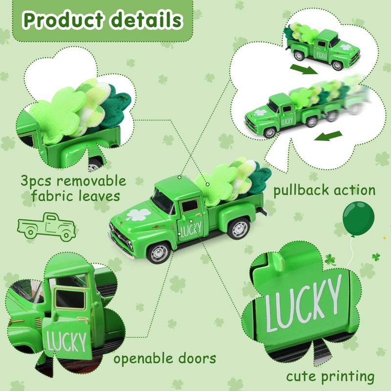 WODOHOLO St. Patrick's Day Decorations for Home - Decor for Tiered Tray Metal Farm Truck with 3 Shamrocks Saint Patricks Day Vintage Diecast Pickup Truck Model for Shelf Table Centerpiece DÃ©cor Mini 4.8inch - Image 4