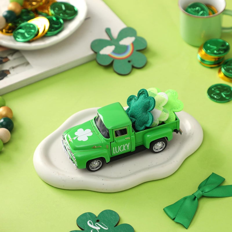 WODOHOLO St. Patrick's Day Decorations for Home - Decor for Tiered Tray Metal Farm Truck with 3 Shamrocks Saint Patricks Day Vintage Diecast Pickup Truck Model for Shelf Table Centerpiece DÃ©cor Mini 4.8inch - Image 5