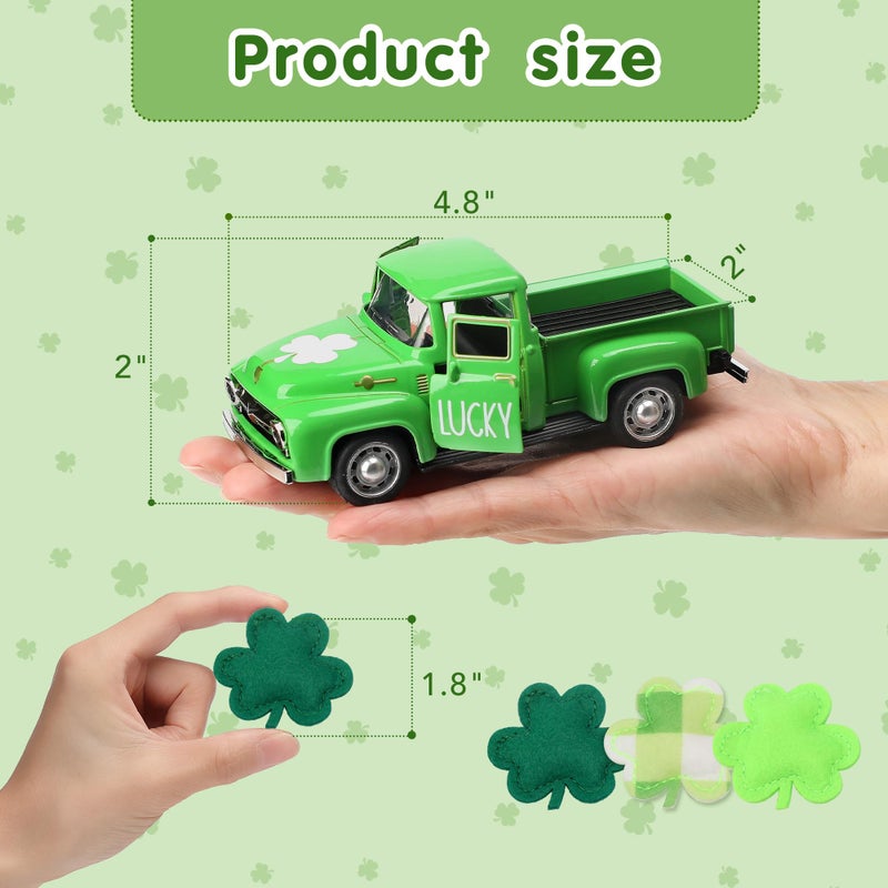 WODOHOLO St. Patrick's Day Decorations for Home - Decor for Tiered Tray Metal Farm Truck with 3 Shamrocks Saint Patricks Day Vintage Diecast Pickup Truck Model for Shelf Table Centerpiece DÃ©cor Mini 4.8inch - Image 3
