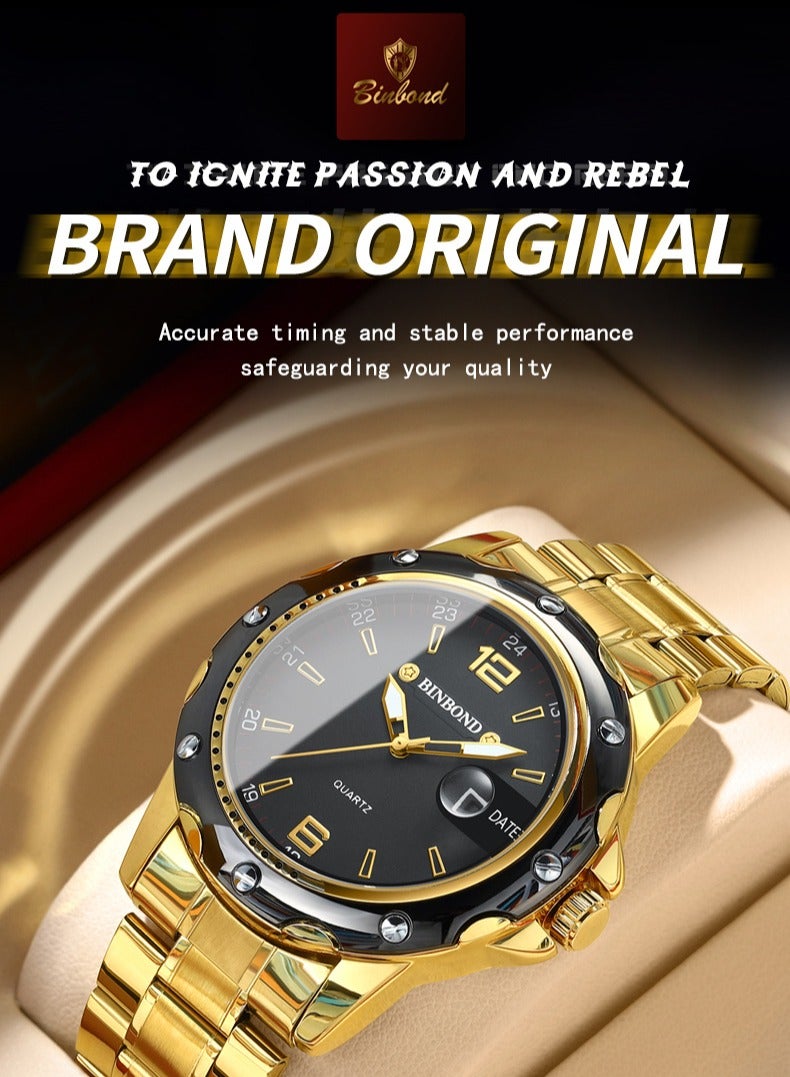 BINBOND ​​BINBOND Men's Fashion Quartz Watch - Gold-Tone Case with Black Dial, Gold Markers & Magnified Date Window, Luminous Display, Quartz Movement, 30M Water Resistance, Modern Business Style for Office & Casual Wear​​  - Image 2