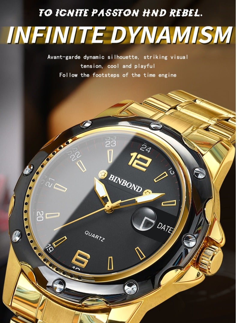 BINBOND ​​BINBOND Men's Fashion Quartz Watch - Gold-Tone Case with Black Dial, Gold Markers & Magnified Date Window, Luminous Display, Quartz Movement, 30M Water Resistance, Modern Business Style for Office & Casual Wear​​  - Image 3