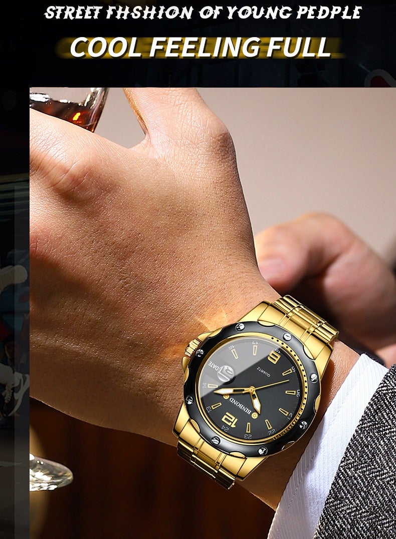 BINBOND ​​BINBOND Men's Fashion Quartz Watch - Gold-Tone Case with Black Dial, Gold Markers & Magnified Date Window, Luminous Display, Quartz Movement, 30M Water Resistance, Modern Business Style for Office & Casual Wear​​  - Image 4