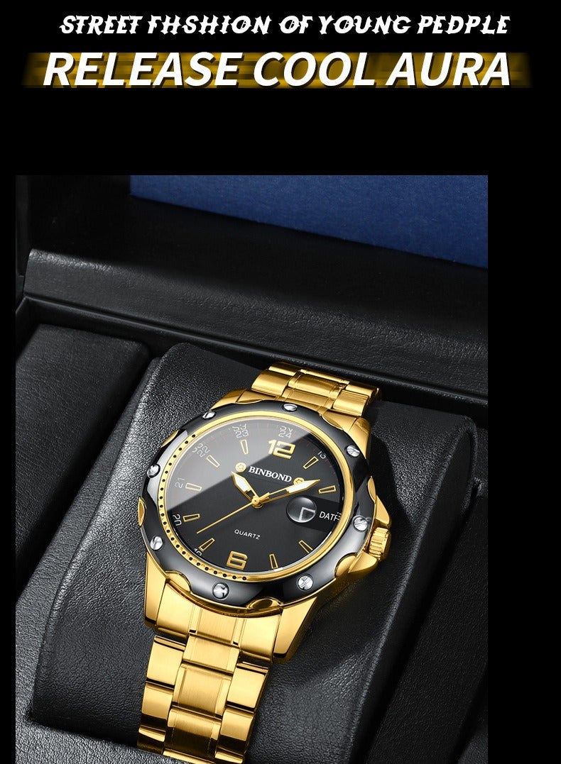 BINBOND ​​BINBOND Men's Fashion Quartz Watch - Gold-Tone Case with Black Dial, Gold Markers & Magnified Date Window, Luminous Display, Quartz Movement, 30M Water Resistance, Modern Business Style for Office & Casual Wear​​  - Image 5