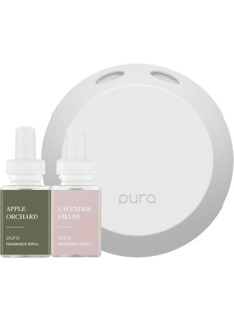 Pura - Smart Home Fragrance Device Starter Set - Pura 4 - Scent Diffuser for Home - Includes Fragrance Aroma Diffuser - Square Box, Apple Orchards and Lavender Fields Scent Refills