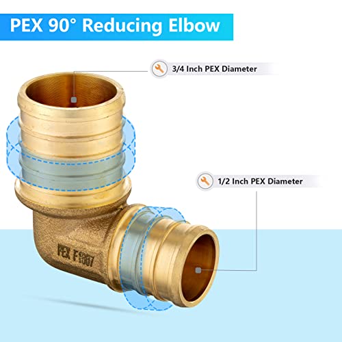GUOFIS 10 Pack PEX Reducing Elbow Fittings, 3/4" x 1/2" Brass, 90 Degree, ASTM F1807 Certified - Image 3