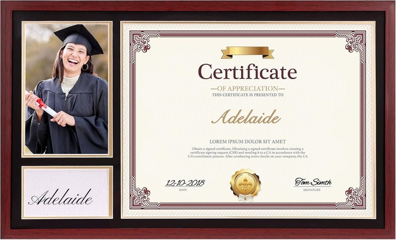 Lavezee Single 10x16 Frame for 8.5x11 Certificates Diploma and 4x6 Photo Picture with PS Front, Black Over Gold Double Mat for Wall, Mahogany, Graduation Gifts - Image 1
