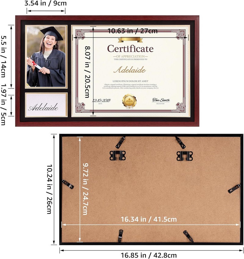 Lavezee Single 10x16 Frame for 8.5x11 Certificates Diploma and 4x6 Photo Picture with PS Front, Black Over Gold Double Mat for Wall, Mahogany, Graduation Gifts - Image 2