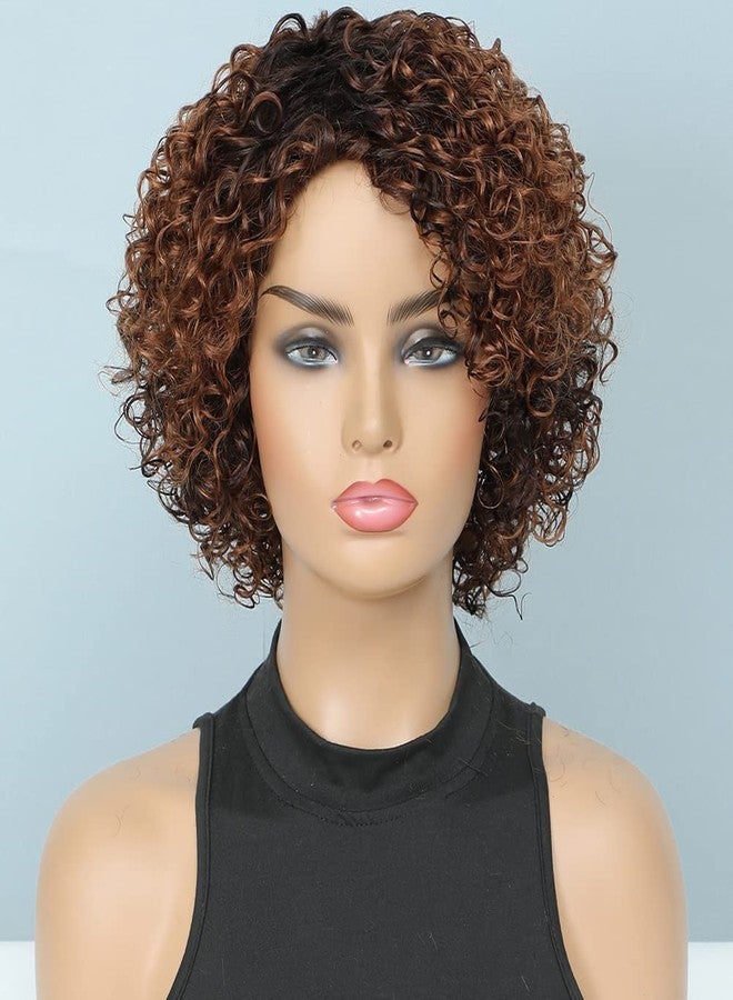 UDU Ombre Glueless Wig - Short Curly Human Hair Wigs For Black Women - Copper Brown - Non Lace - Side Bangs Piano Color Side Part (P 4/Copper) - Image 1