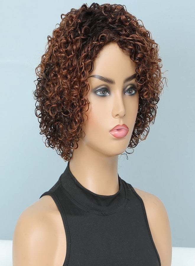 UDU Ombre Glueless Wig - Short Curly Human Hair Wigs For Black Women - Copper Brown - Non Lace - Side Bangs Piano Color Side Part (P 4/Copper) - Image 3