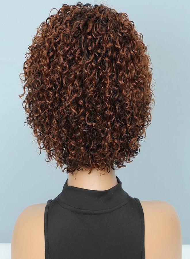 UDU Ombre Glueless Wig - Short Curly Human Hair Wigs For Black Women - Copper Brown - Non Lace - Side Bangs Piano Color Side Part (P 4/Copper) - Image 4