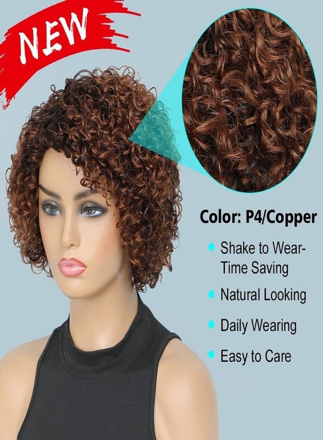 UDU Ombre Glueless Wig - Short Curly Human Hair Wigs For Black Women - Copper Brown - Non Lace - Side Bangs Piano Color Side Part (P 4/Copper) - Image 2