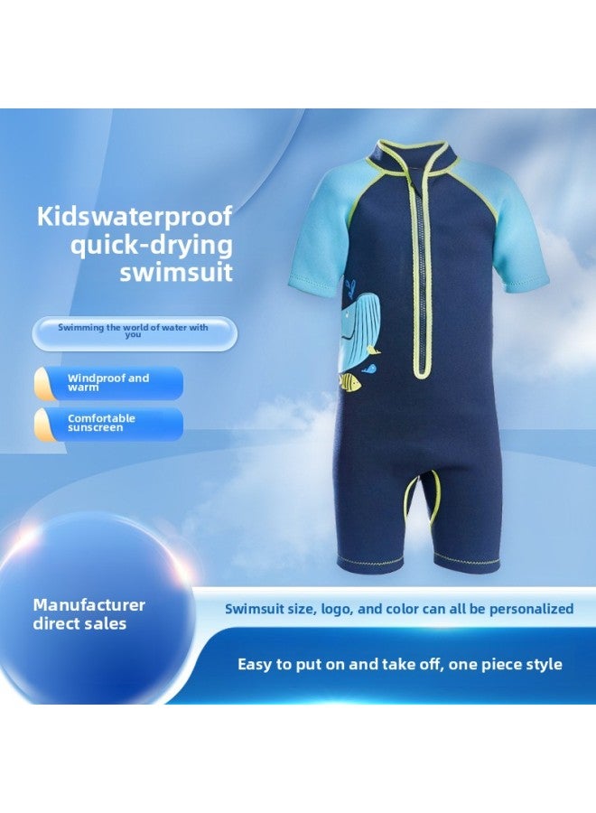 Loquat Children's Short-sleeved Beach Swimsuit Snorkeling Surfing Suit Waterproof Quick-drying Windproof Warm One-piece Swimsuit-Color:Blue-in Stock- - Image 2