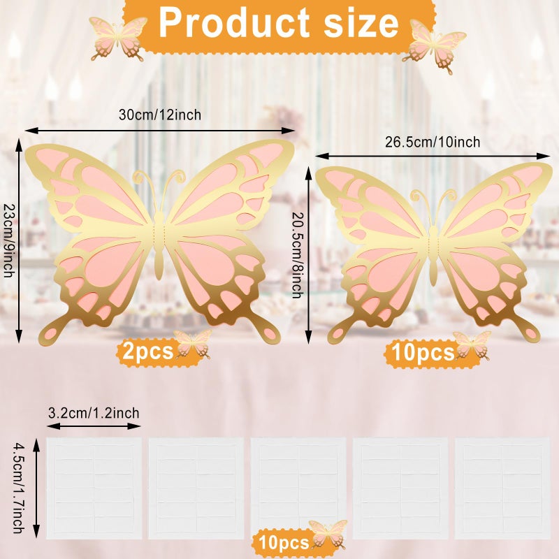 Geyee 12 Pcs 3D Large Butterfly Party Decoration Paper Butterfly Stickers in 2 Different Size Wall Mural Set for Birthday Baby Shower Nursery Bedroom Wedding(Gold and Pink) - Image 2