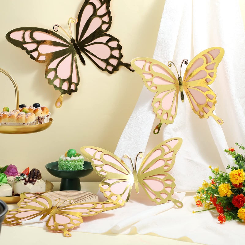 Geyee 12 Pcs 3D Large Butterfly Party Decoration Paper Butterfly Stickers in 2 Different Size Wall Mural Set for Birthday Baby Shower Nursery Bedroom Wedding(Gold and Pink) - Image 4