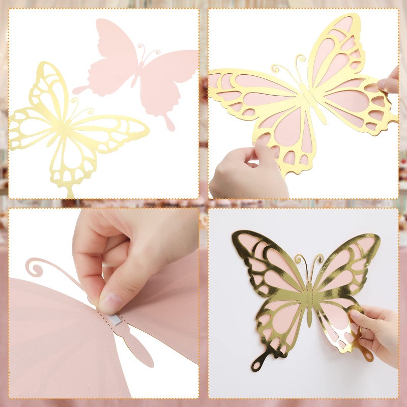 Geyee 12 Pcs 3D Large Butterfly Party Decoration Paper Butterfly Stickers in 2 Different Size Wall Mural Set for Birthday Baby Shower Nursery Bedroom Wedding(Gold and Pink) - Image 3