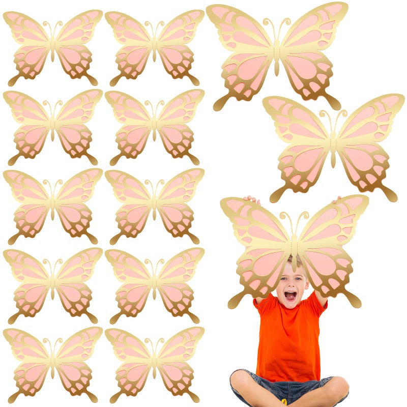 Geyee 12 Pcs 3D Large Butterfly Party Decoration Paper Butterfly Stickers in 2 Different Size Wall Mural Set for Birthday Baby Shower Nursery Bedroom Wedding(Gold and Pink) - Image 1
