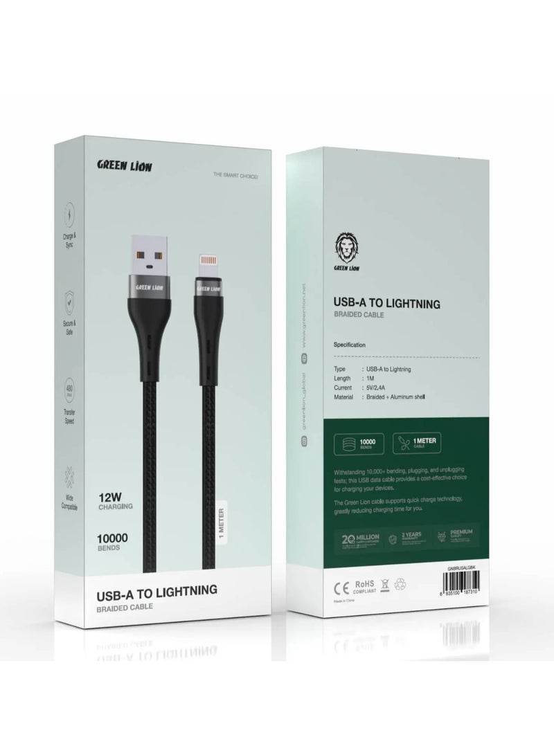GREEN LION USB-A to Lightning Braided Cable 12W / 10000 Bends / 1 Meter Length / Braided + Aluminum Shell Material / Wide Compatible / 480 Mbps Transfer Speed / Secure and Safe / Charge and Sync - Black - Image 2