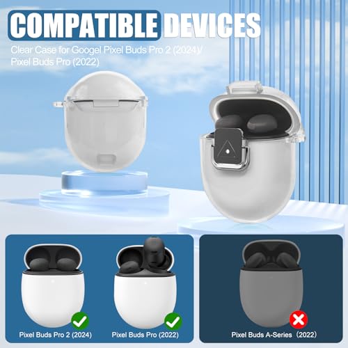 SGHLDE for Google Pixel Buds Pro 2 Case Cover with Lock Clip, Clear TPU Case for Google Pixel Buds Pro1/2, Shockproof Protective Case Skin wtih Keychain & Cleaner Kit for Girly/Women/Man (Clear) - Image 2