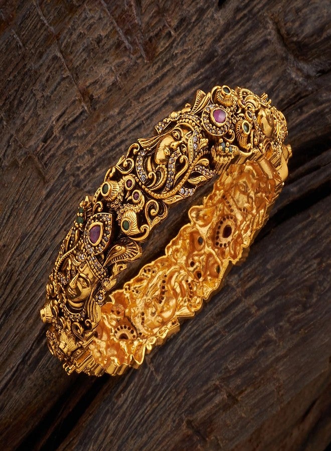 Kushal's Fashion Jewellery Ruby-Green Gold Plated Ethnic Antique Bangle - Image 3