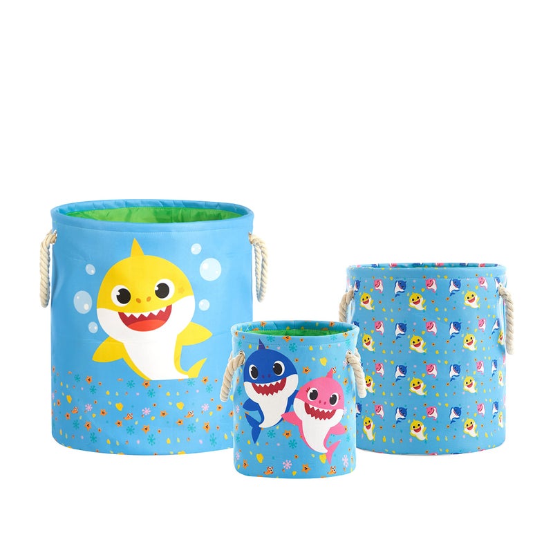 Idea Nuova Baby Shark 3 Piece Multi Size Fabric Nestable Toy Storage Basket Set, with Rope Carry Handles - Image 1