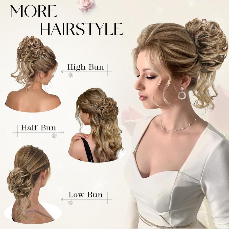 SOFEIYAN Messy Bun Hair Piece Curly Wavy Hair Bun Extensions Synthetic Tousled Updo with Tendrils Hairpieces Bun Donut Accessories Scrunchies for Women, Light Ash Brown Mix Bleach Blonde - Image 4