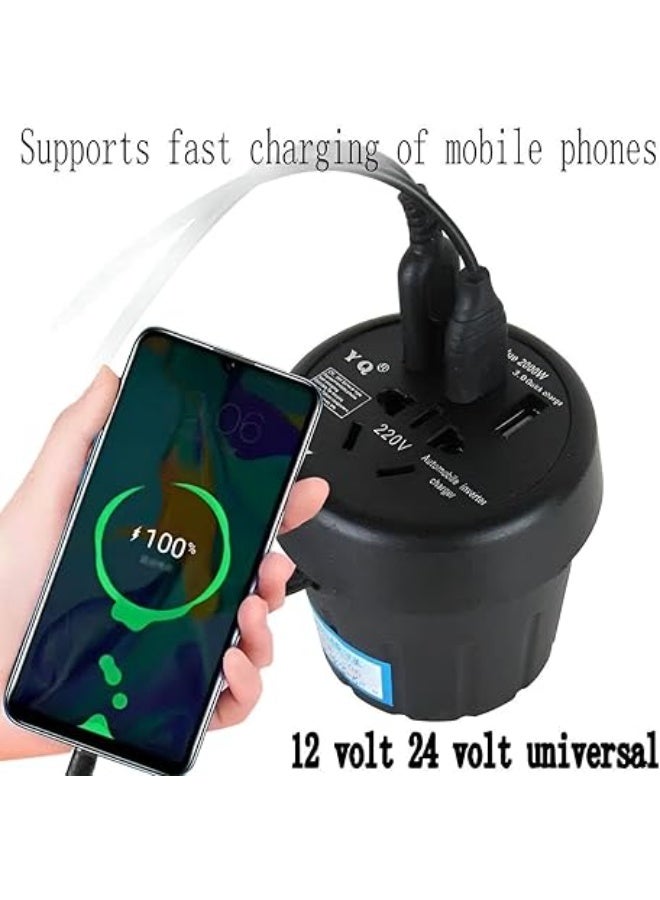 Stylish Car Power Inverter with Cup Holder and 3 USB Ports - Black - Image 1