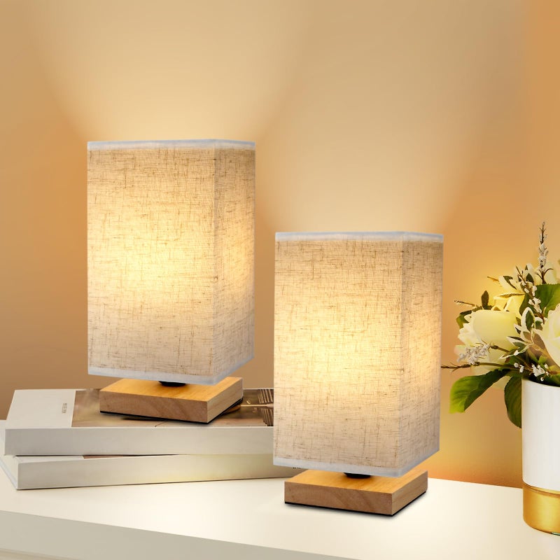 UCHENTON Small Square Bedside Table Lamp for Bedroom set of 2Minimalist Wood Base Round Fabric ShadeMini Cute Cozy Warm Nightstand Boho Lamp Study Desk Night Stand Light for RoomDormNurseryLiving Room - Image 2