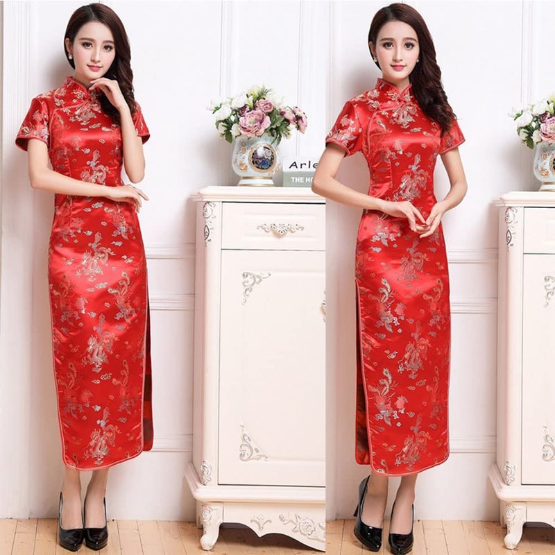 STIOEDYUAN Women Cheongsam Long Dress Evening Short Sleeve Slim Fit Maxi Dress Floral Faux Silk Stand Collar Bodycon Qipao (as1, Alpha, x_l, Regular, Regular, Red Dragon) - Image 3