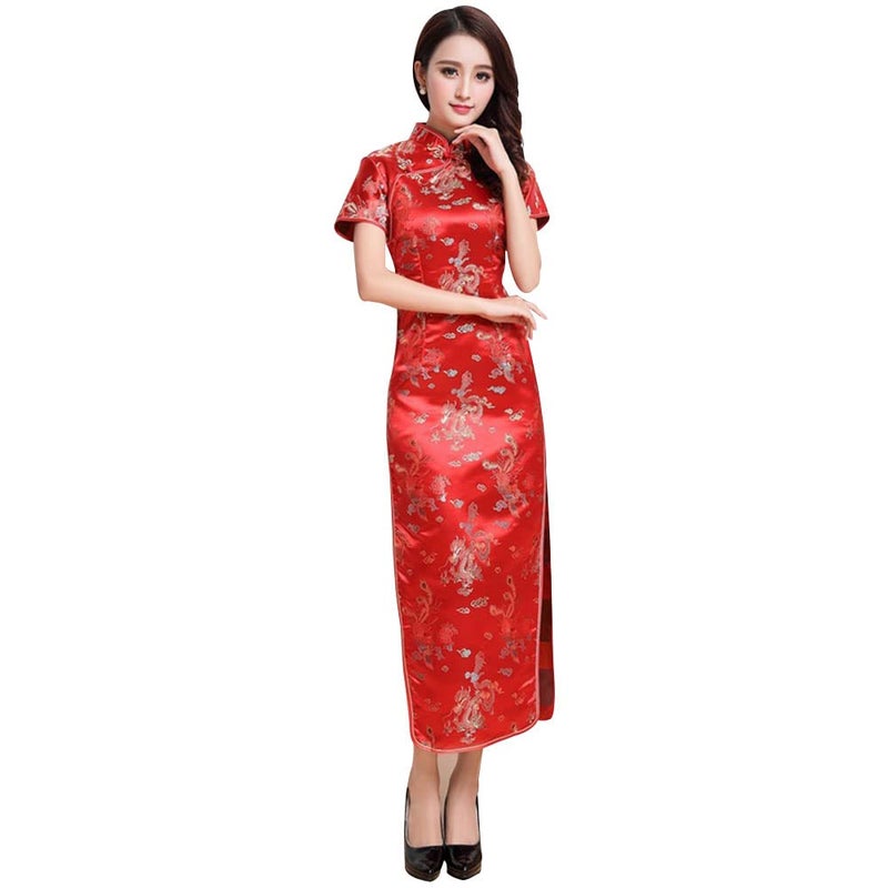 STIOEDYUAN Women Cheongsam Long Dress Evening Short Sleeve Slim Fit Maxi Dress Floral Faux Silk Stand Collar Bodycon Qipao (as1, Alpha, x_l, Regular, Regular, Red Dragon) - Image 2