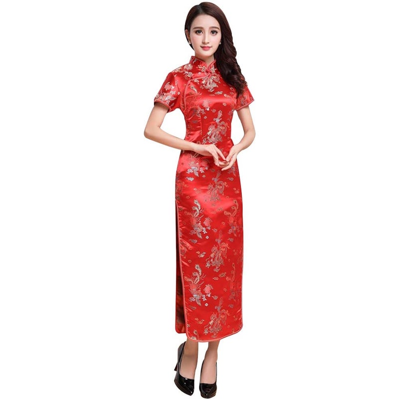 STIOEDYUAN Women Cheongsam Long Dress Evening Short Sleeve Slim Fit Maxi Dress Floral Faux Silk Stand Collar Bodycon Qipao (as1, Alpha, x_l, Regular, Regular, Red Dragon) - Image 1