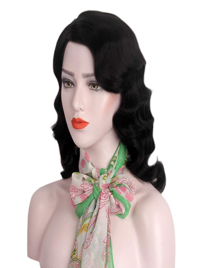 STfantasy Finger Wave Wig 1920s Retro Mid Length Long Curly Synthetic Hair for Women Cosplay Halloween Party Costume (Jet Black) - Image 2