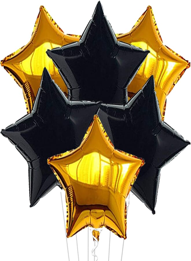 KATCHON Gold and Black Star Foil Balloon Set - 6 Pack, 18 Inch | Twinkle Little Gold Black Party Balloons for Birthday Decoration | Star Shaped Helium Balloons for Wedding, Engagement, Bridal Baby Shower