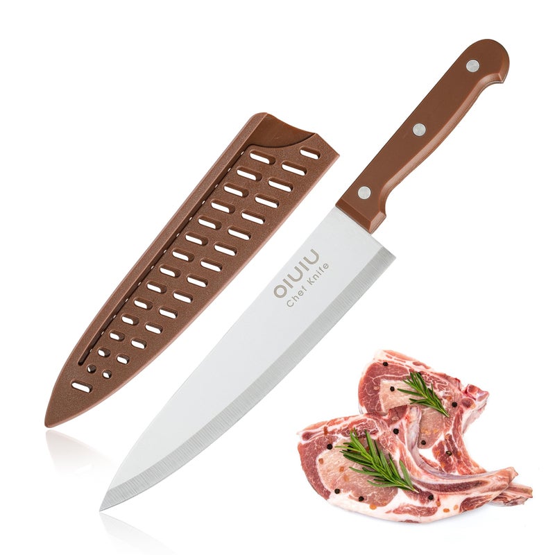 OLULU 8 inch Chef Knife, Razor Sharp Kitchen Knife with Protective Knife Sheath, Razor Sharp Slicing Knife with Ergonomic Handle, German Stainless Steel, Dishwasher Safe (Brown Color) - Image 1