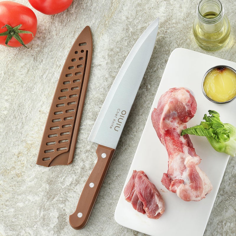 OLULU 8 inch Chef Knife, Razor Sharp Kitchen Knife with Protective Knife Sheath, Razor Sharp Slicing Knife with Ergonomic Handle, German Stainless Steel, Dishwasher Safe (Brown Color) - Image 4