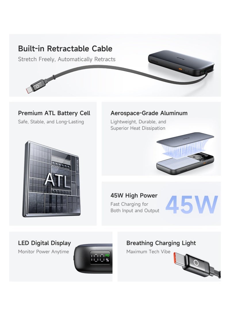 Mcdodo FreeGo Power Bank with Built-in Cable, 10000mAh, 45W PD Fast Charging, Dual USB-C, Aluminum Alloy, ATL Battery, LED Display, Dark Grey, MC-5920 - Image 4
