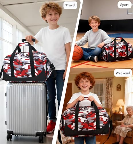 DSIUE Boys Duffle Bag Sports Gym Bag Overnight Weekender Travel Duffel Bag With Shoe Compartment Camo Red - Image 3