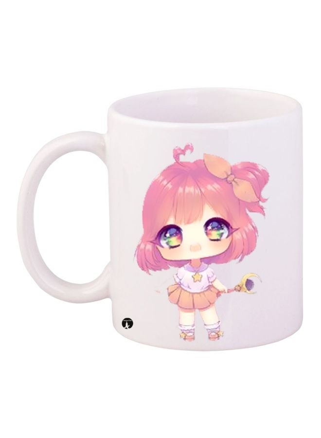 RYN Cartoon Girl Printed Coffee Mug White/Pink/Beige 11ounce
