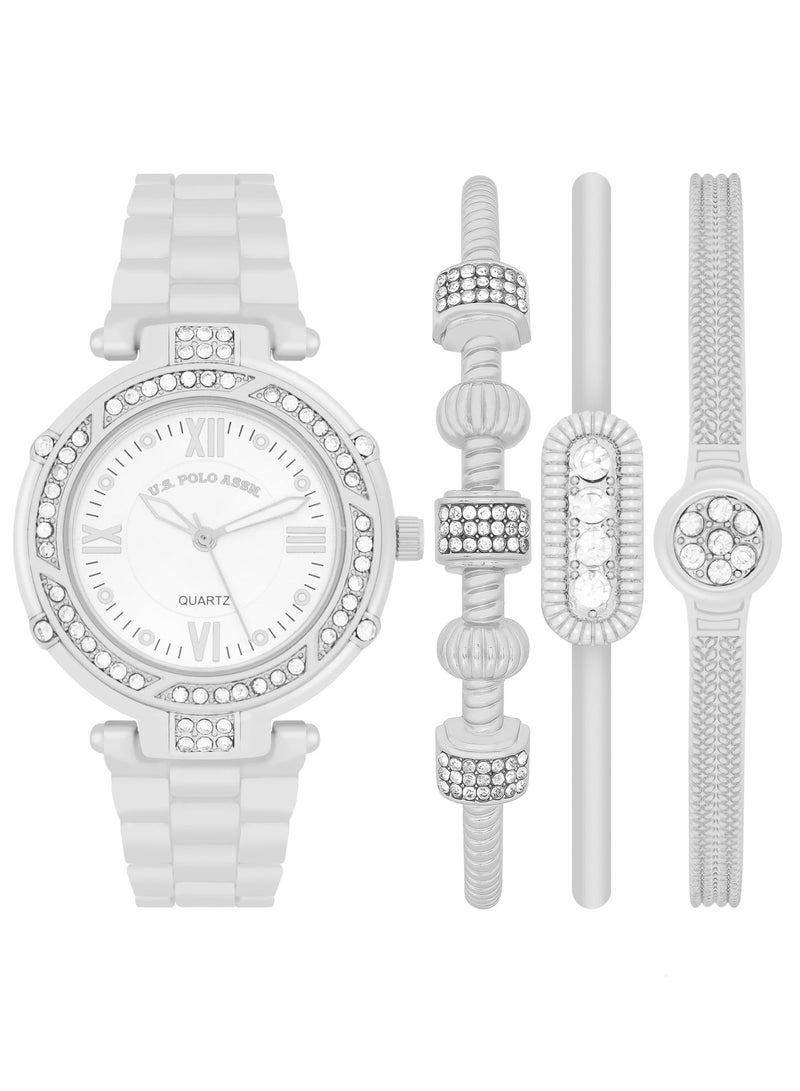 يو اس بولو اسن طقم ساعة كوارتز أنالوج مطلية بالفضة مع سوار للنساء - Image 1