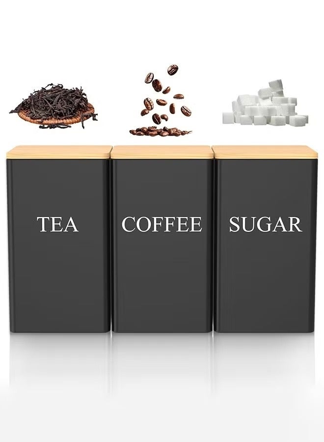3-Piece Airtight Storage Jar Set, Square Coffee, Tea & Sugar Canisters with Built-in Sealing Rings and Bamboo Lids, Kitchen Storage Containers, Black (9.5×9.5×15cm) - Image 1
