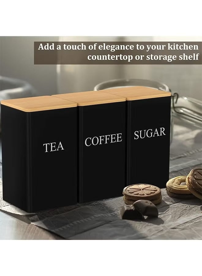 3-Piece Airtight Storage Jar Set, Square Coffee, Tea & Sugar Canisters with Built-in Sealing Rings and Bamboo Lids, Kitchen Storage Containers, Black (9.5×9.5×15cm) - Image 5
