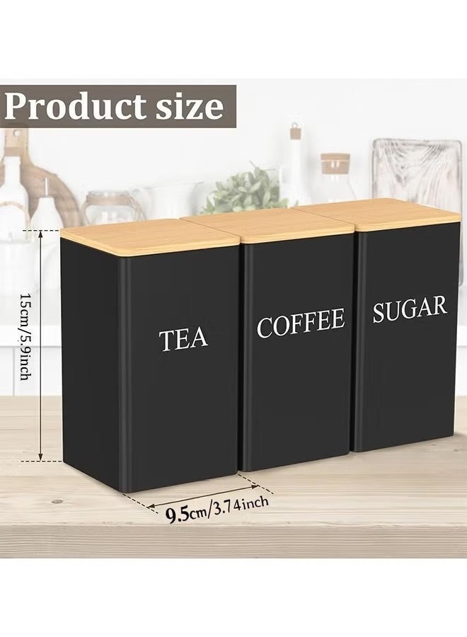 3-Piece Airtight Storage Jar Set, Square Coffee, Tea & Sugar Canisters with Built-in Sealing Rings and Bamboo Lids, Kitchen Storage Containers, Black (9.5×9.5×15cm) - Image 2